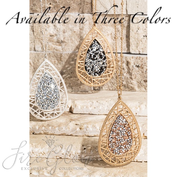 Filigree Teardrop Necklace Silver Tone/Rhinestone - Picture 7 of 8